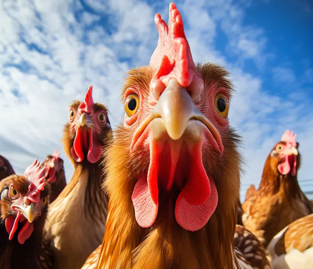 Close-up of chickens looking toward the camera